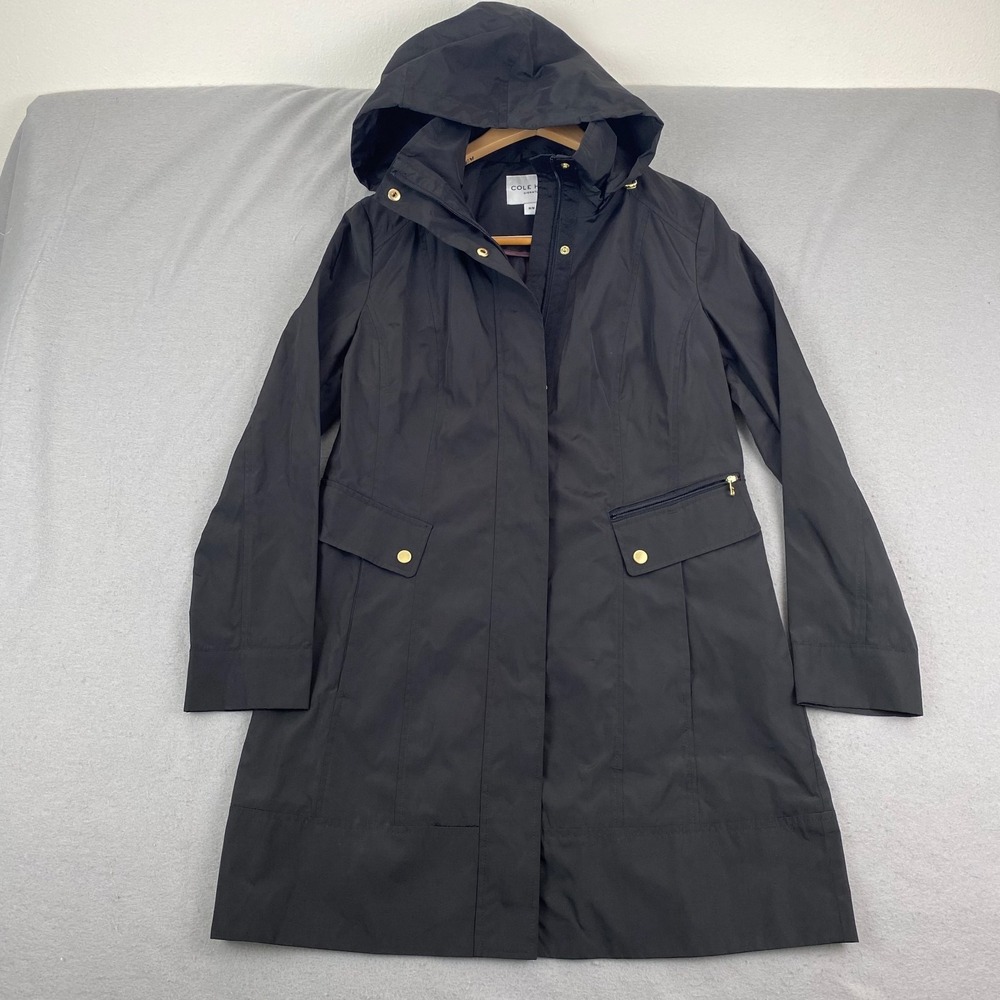 Cole Haan Signature Womens Packable Raincoat M Black Detachable Hood Pockets
